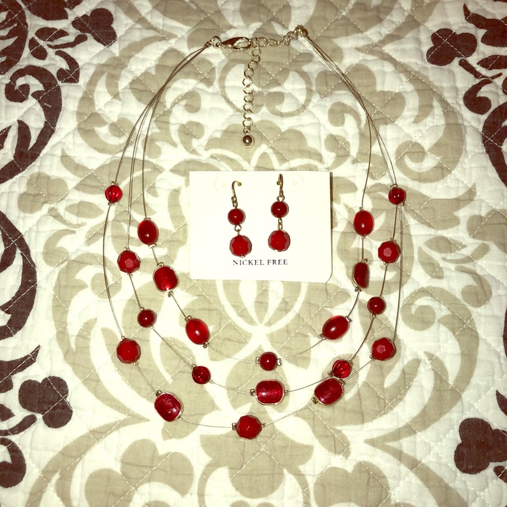 Ruby Red Jewel Necklace and Earrings